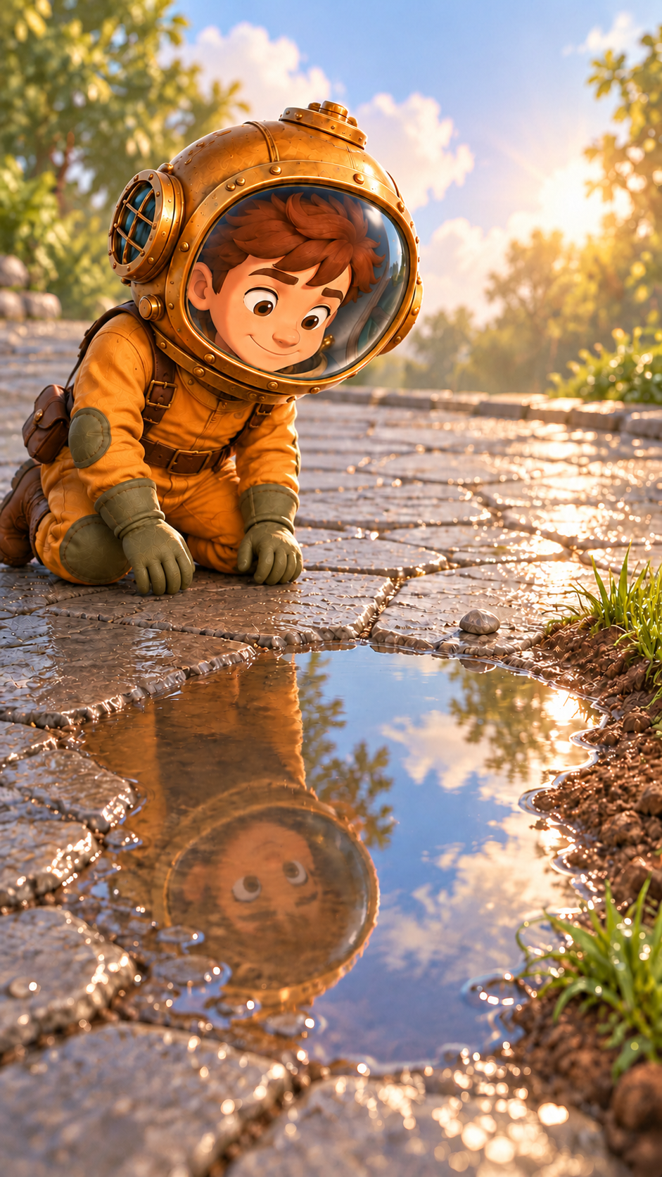 NERO examines a puddle on a sunlit path
