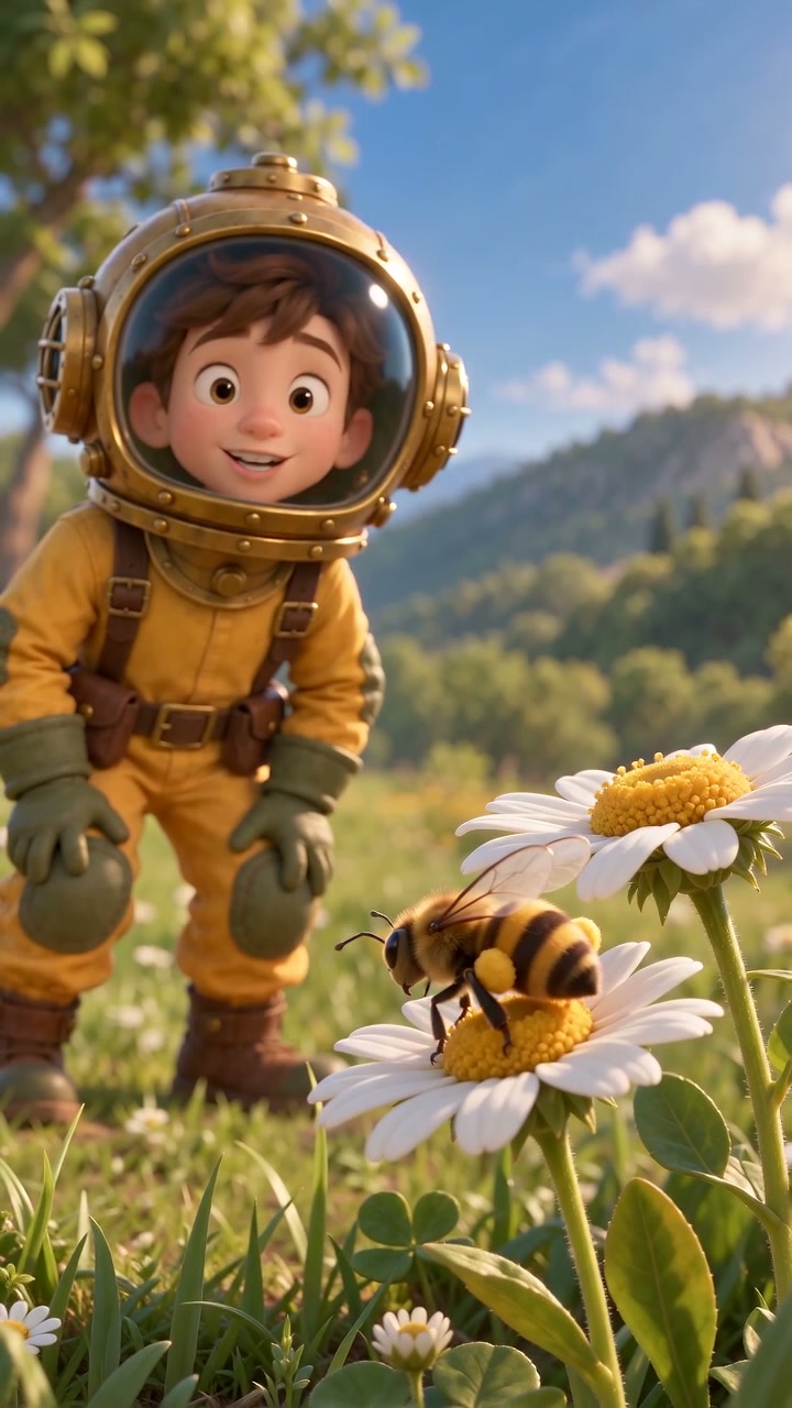 NERO watching a bee among meadow flowers