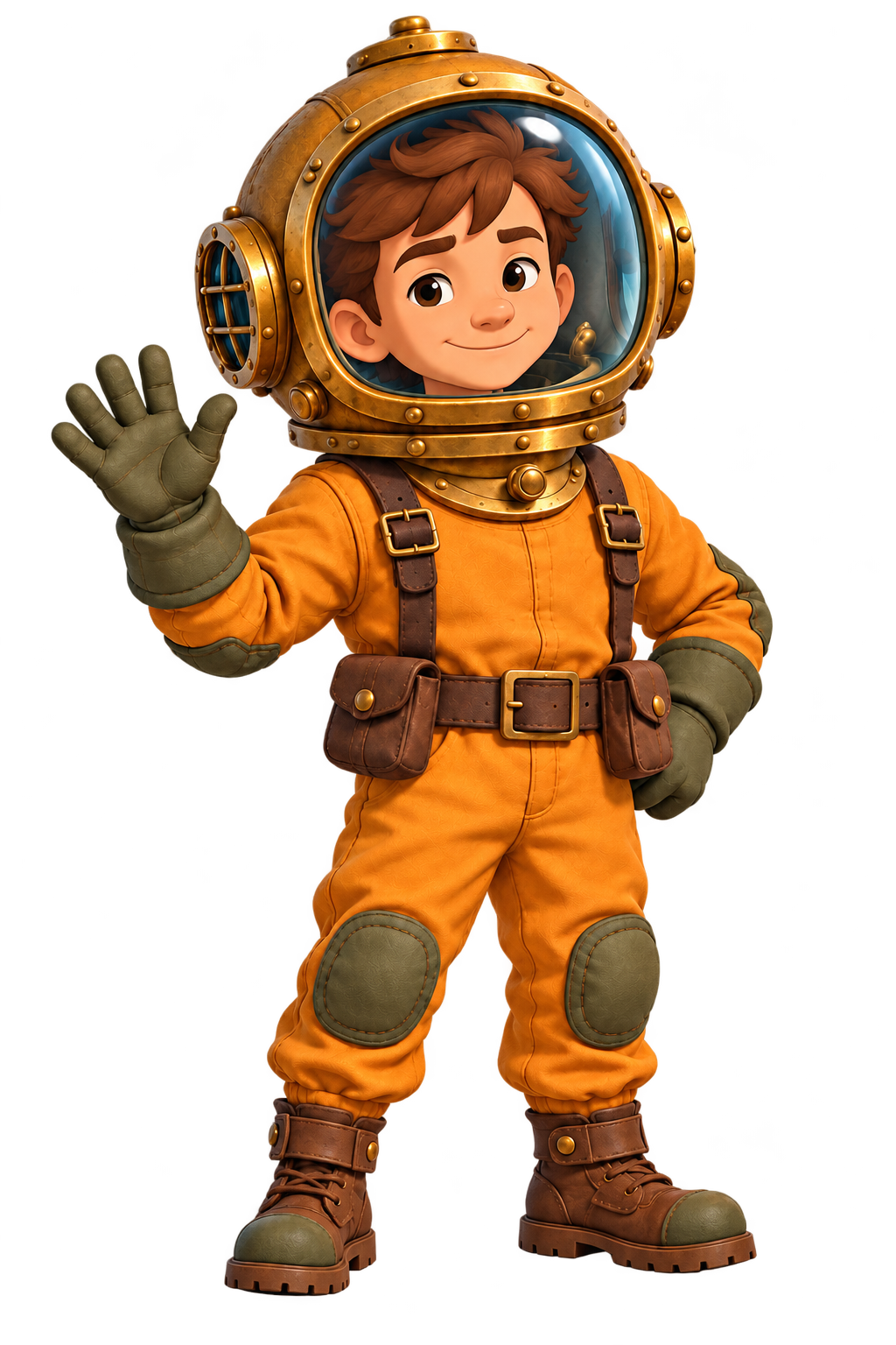 NERO in his orange explorer suit, waving hello